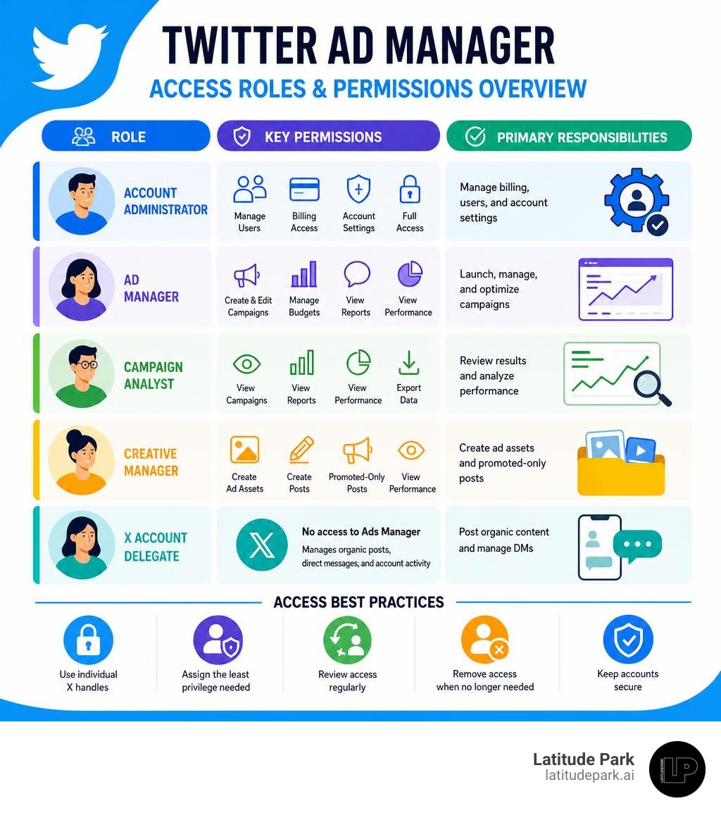 Twitter ad manager access roles and permissions overview infographic