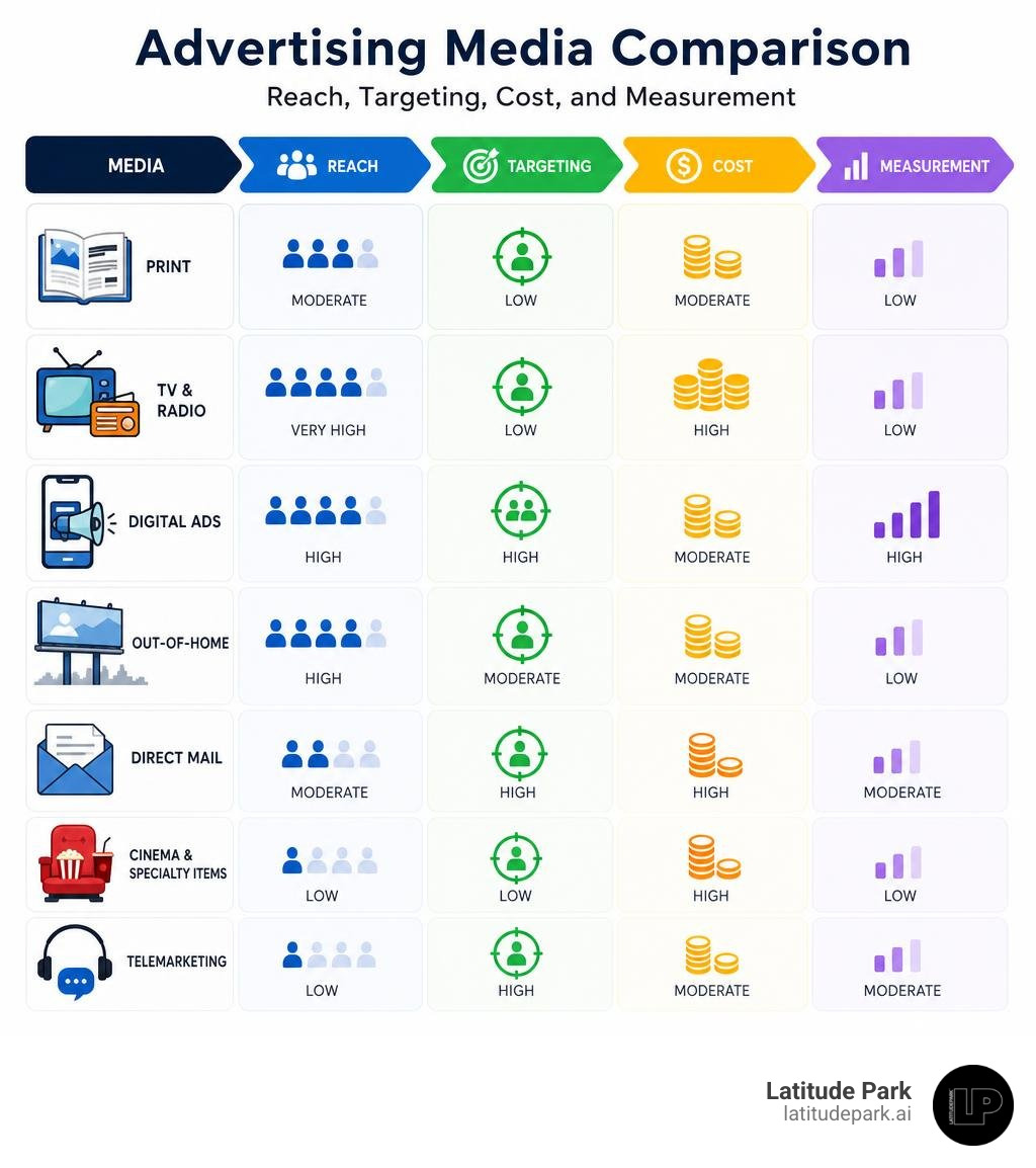 Advertising media comparison: reach, targeting, cost, and measurement infographic Advertising media comparison: reach, targeting, cost, and measurement infographic