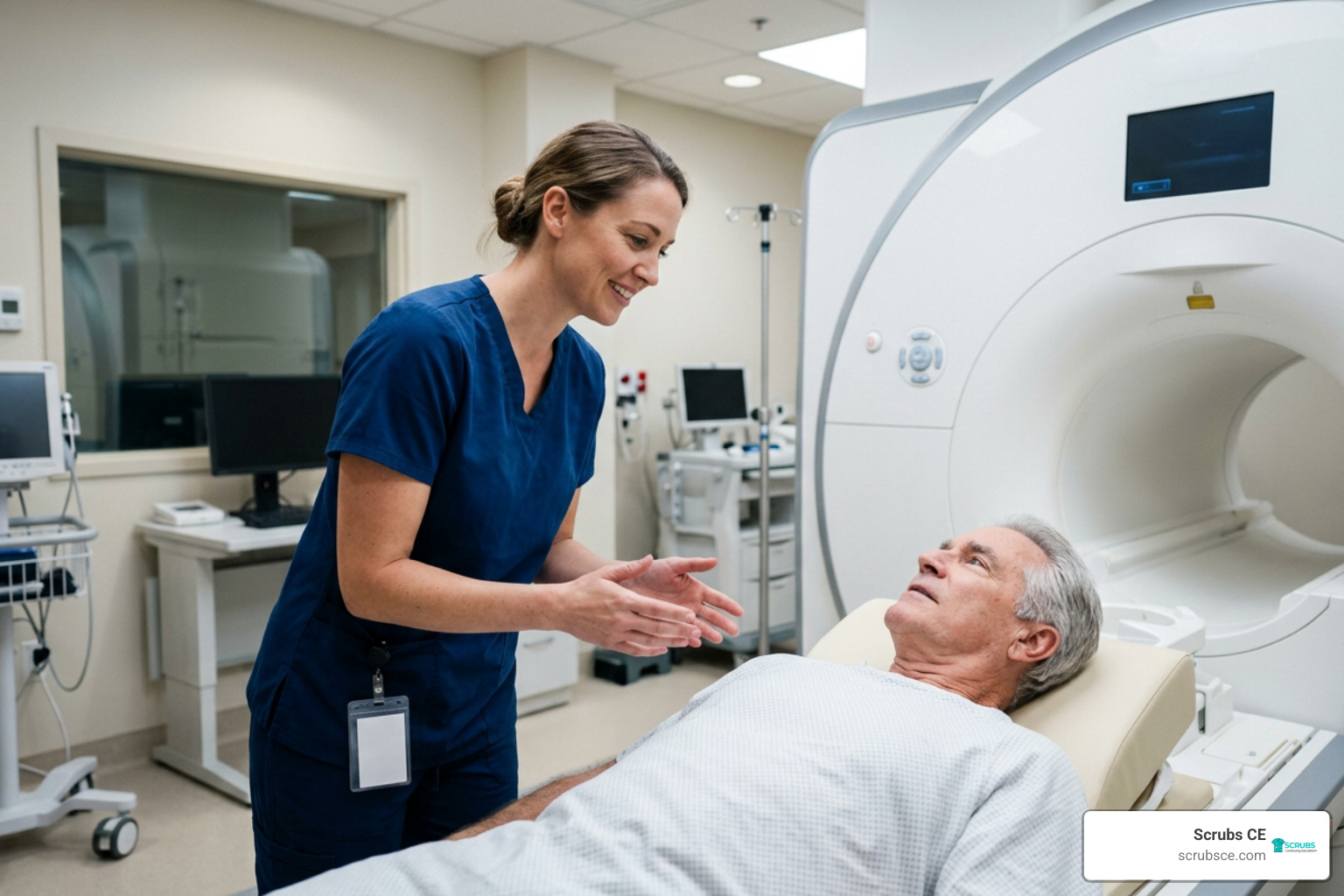 Technologist completing patient consultation before an MRI scan Technologist completing patient consultation before an MRI scan