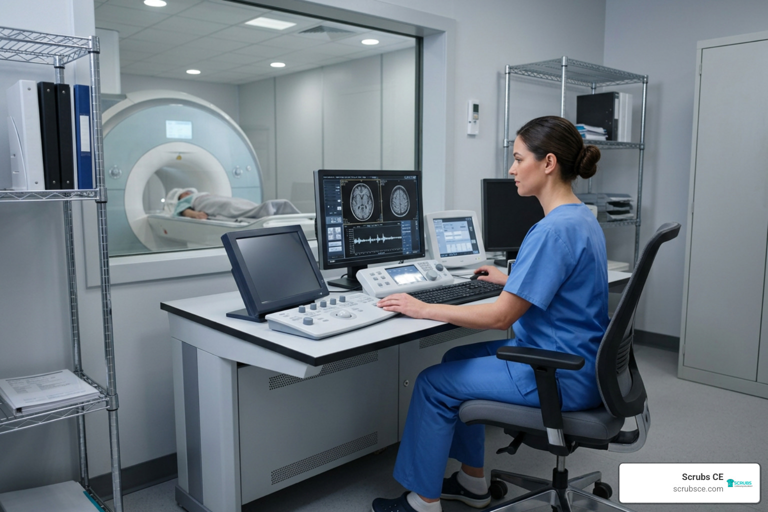 MRI technologist operating an MRI console MRI technologist operating an MRI console