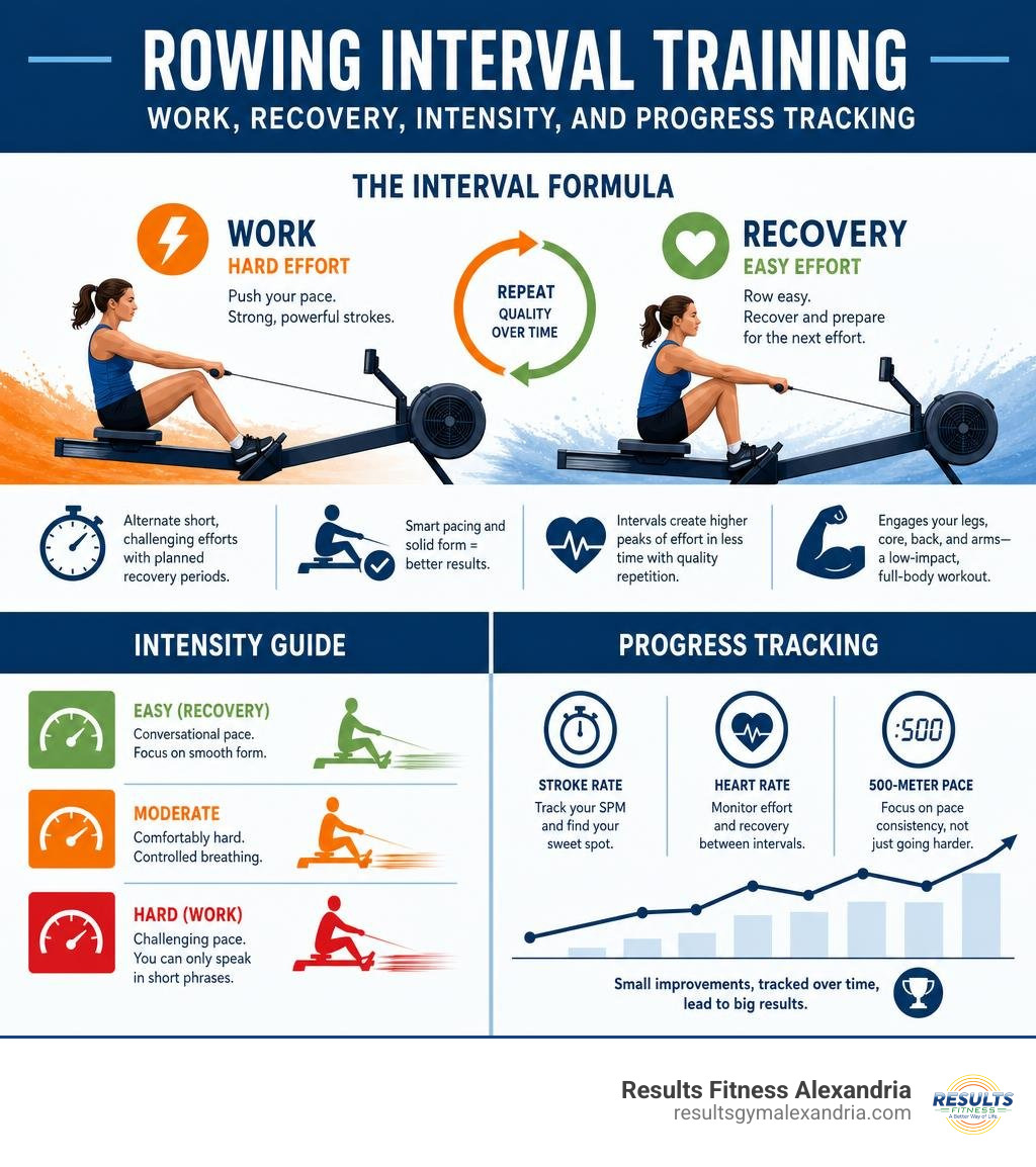 Rowing interval training: work, recovery, intensity, and progress tracking infographic Rowing interval training: work, recovery, intensity, and progress tracking infographic