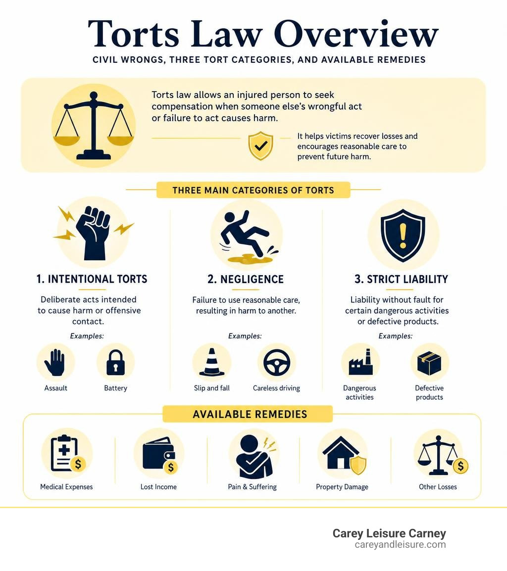 Torts law overview: civil wrongs, three tort categories, and available remedies infographic Torts law overview: civil wrongs, three tort categories, and available remedies infographic