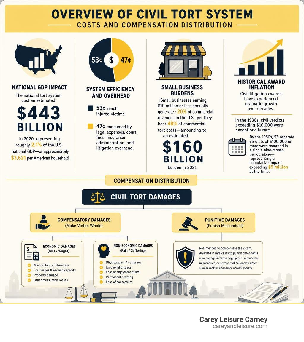 Overview of civil tort system costs and compensation distribution infographic Overview of civil tort system costs and compensation distribution infographic