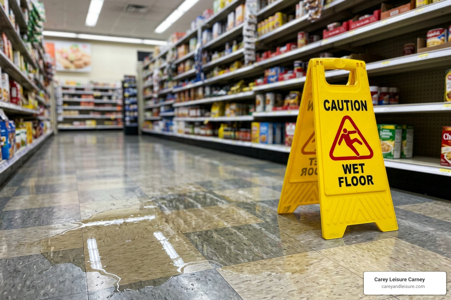 Hazardous floor spill in a commercial retail store illustrating premises liability Hazardous floor spill in a commercial retail store illustrating premises liability
