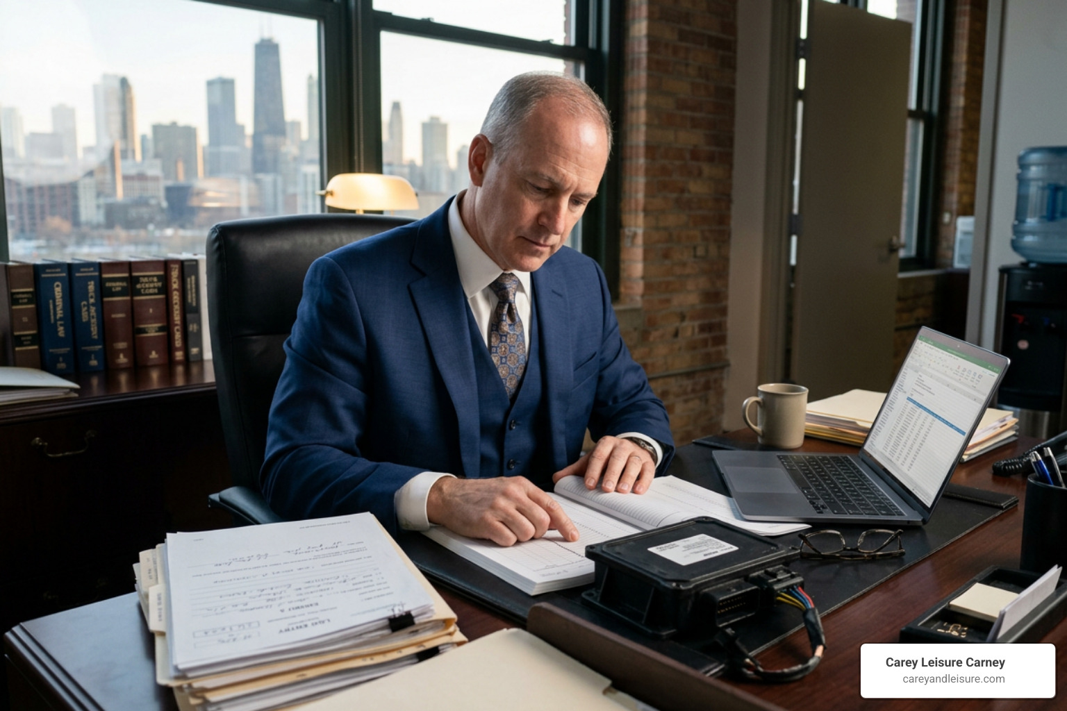 truck accident lawyer analyzing black box logbook data