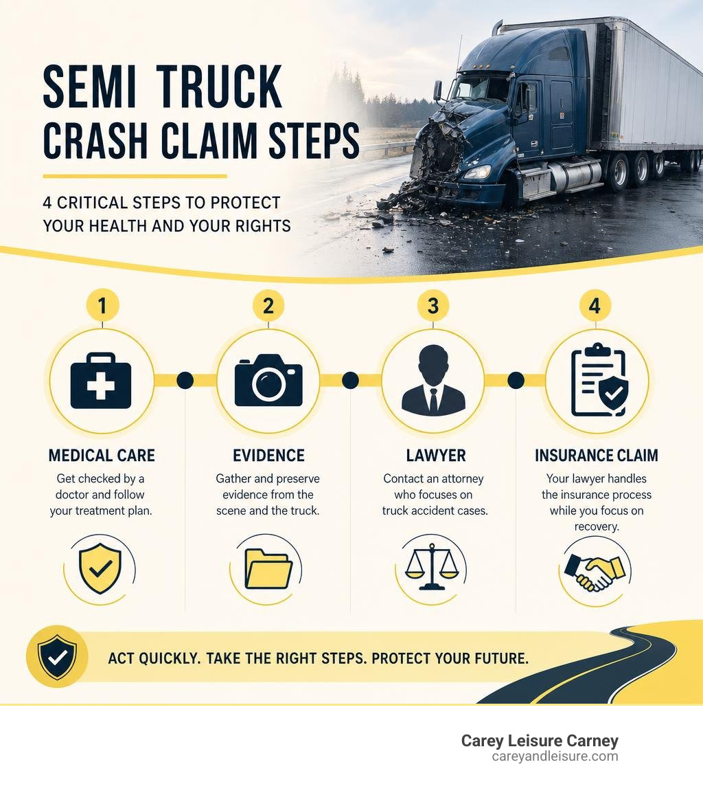 Semi truck crash claim steps: medical care, evidence, lawyer, insurance claim infographic