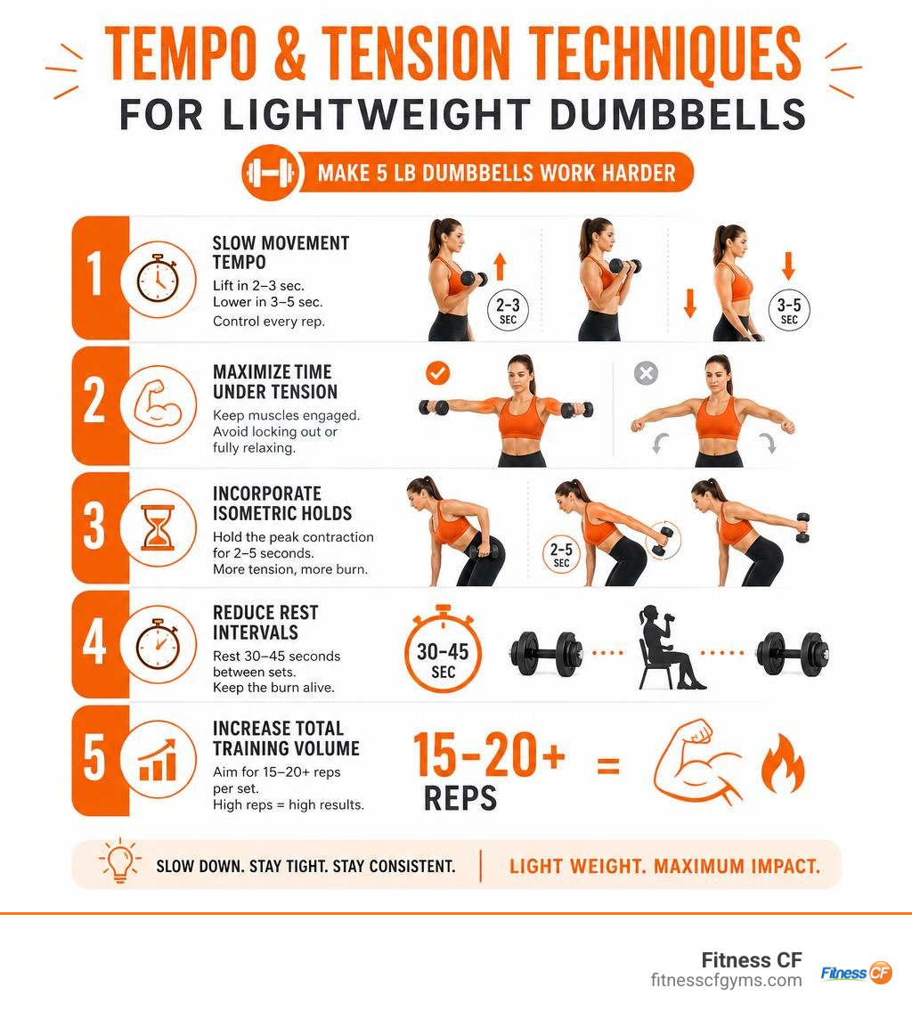 Tempo and tension techniques for lightweight dumbbells infographic