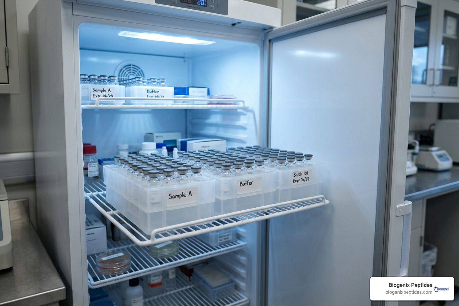 organized peptide vial cold storage in laboratory refrigerator
