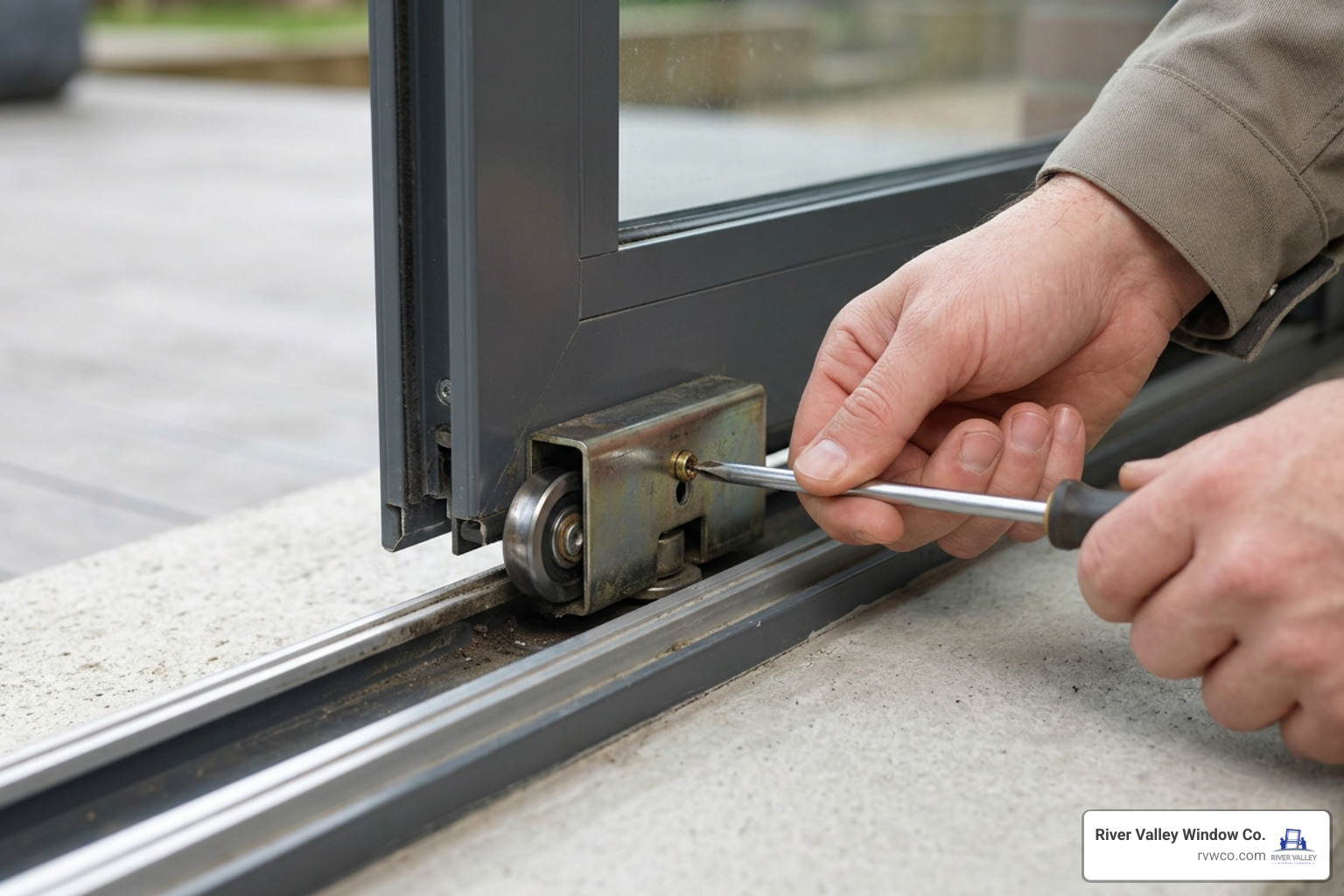 Adjusting a patio door roller height screw Adjusting a patio door roller height screw