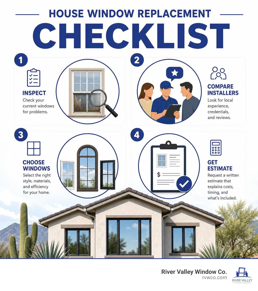 House window replacement checklist: inspect, compare installers, choose windows, get estimate infographic House window replacement checklist: inspect, compare installers, choose windows, get estimate infographic