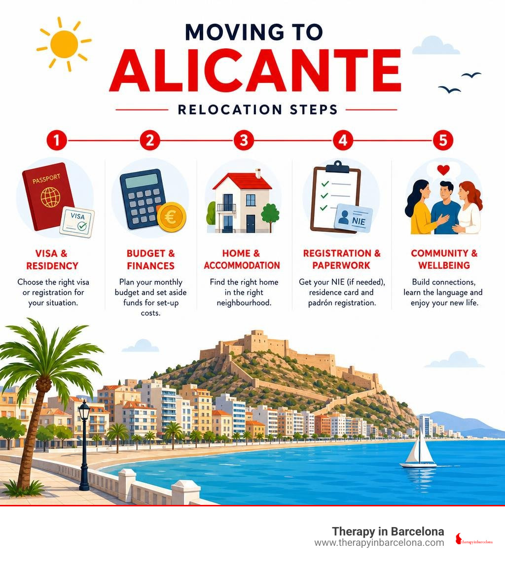 Moving to Alicante relocation steps: visa, budget, home, registration, community infographic Moving to Alicante relocation steps: visa, budget, home, registration, community infographic