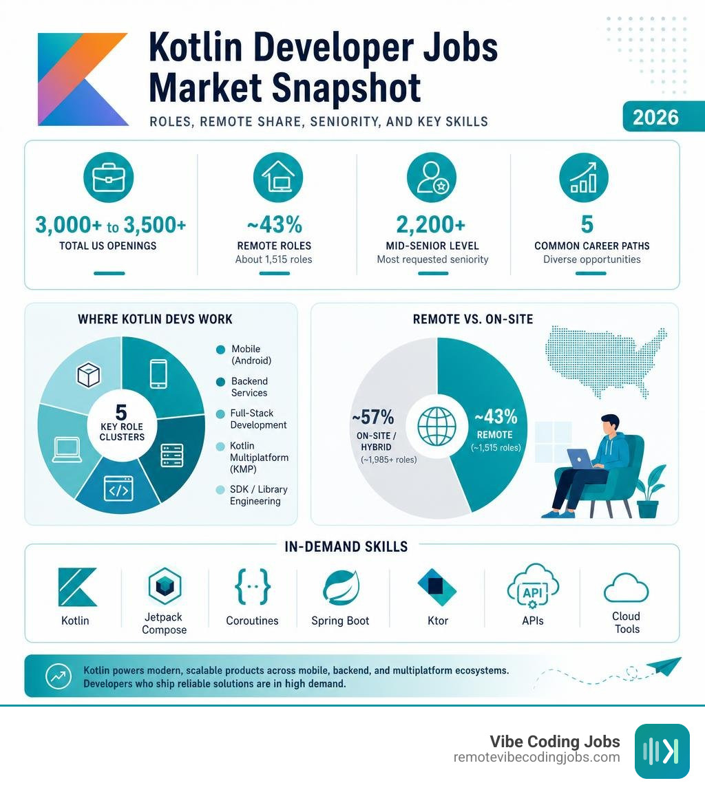 Kotlin developer jobs market snapshot: roles, remote share, seniority, and key skills infographic
