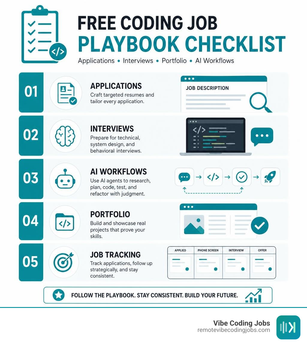Free coding job playbook checklist for applications interviews portfolio and AI workflows infographic