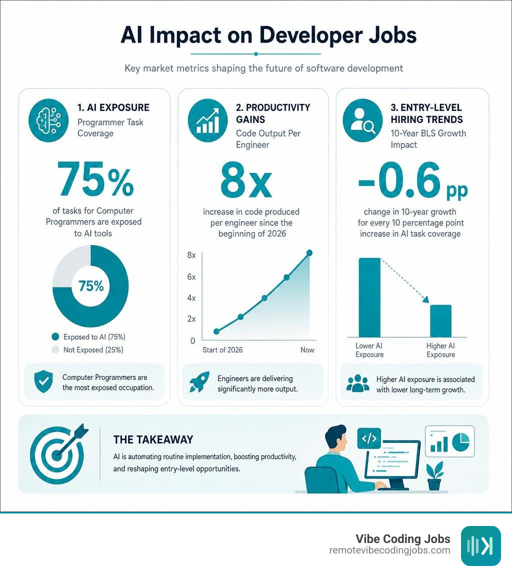 Infographic displaying statistics on AI exposure, 8x productivity gains, and entry-level hiring trends infographic