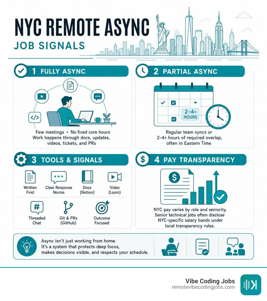 NYC remote async job signals: fully async, partial async, tools, and pay transparency infographic
