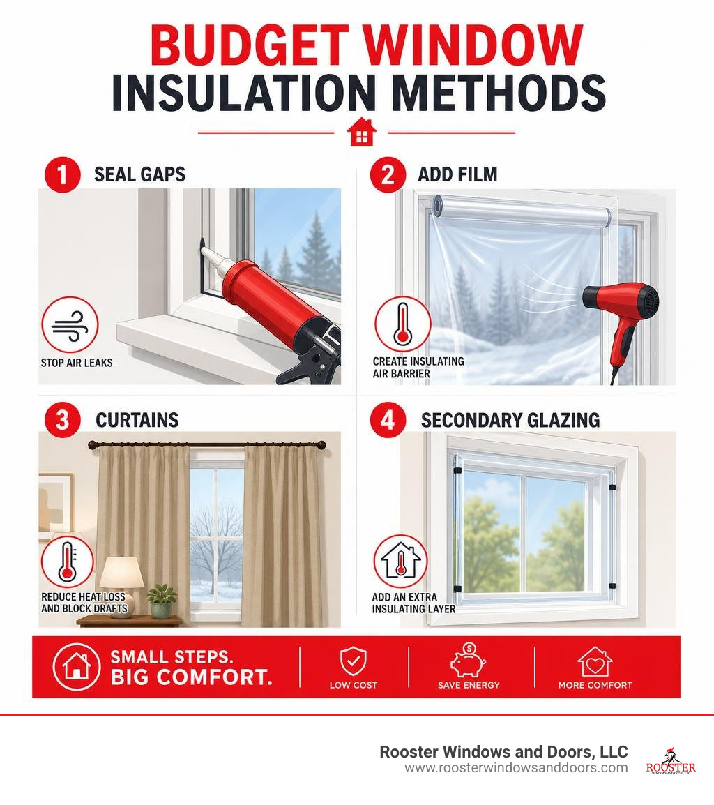 Budget window insulation methods: seal gaps, add film, curtains, or secondary glazing infographic Budget window insulation methods: seal gaps, add film, curtains, or secondary glazing infographic