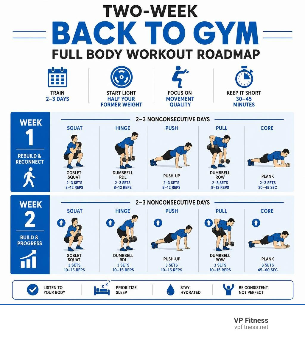 Two-week back to gym full body workout roadmap infographic Two-week back to gym full body workout roadmap infographic