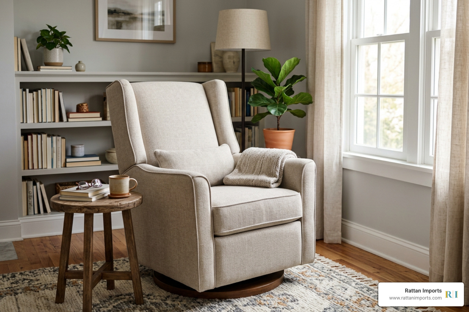 Modern compact swivel glider chair in a cozy living room nook