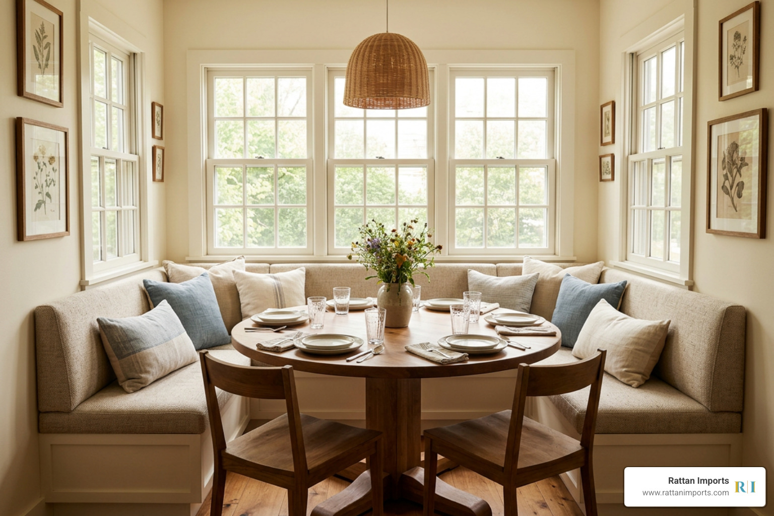 Round dining table in compact room