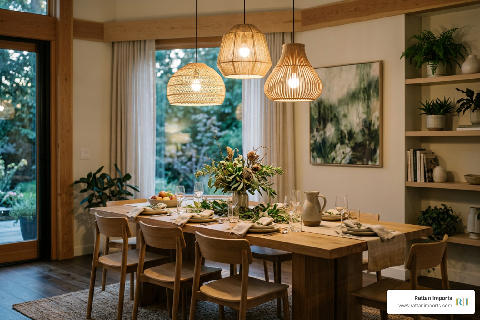 Layered pendant lighting above a wooden table