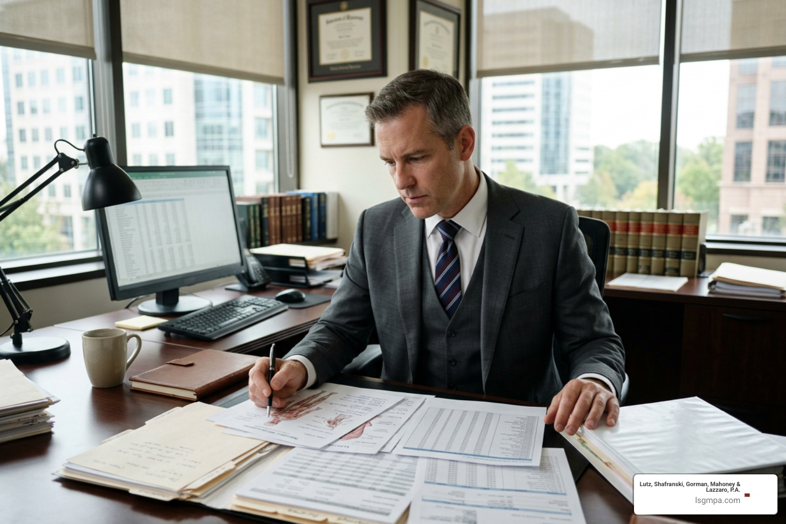 Attorney reviewing complex medical charts and financial records Attorney reviewing complex medical charts and financial records