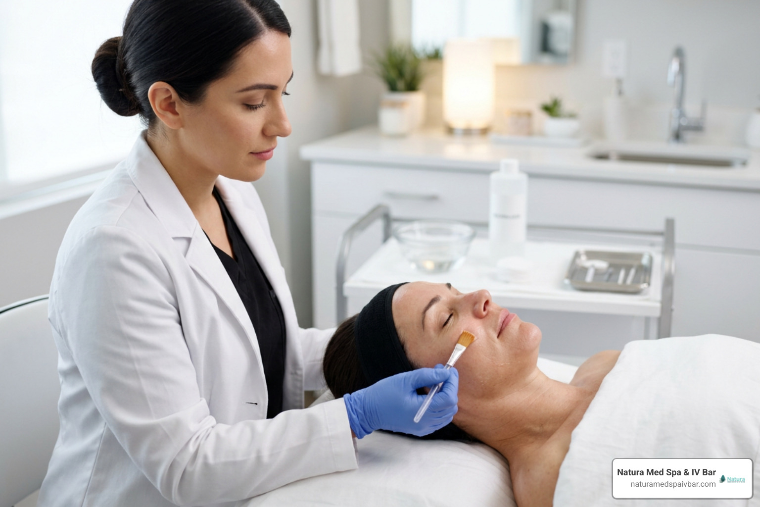 Aesthetician applying facial peel treatment Aesthetician applying facial peel treatment