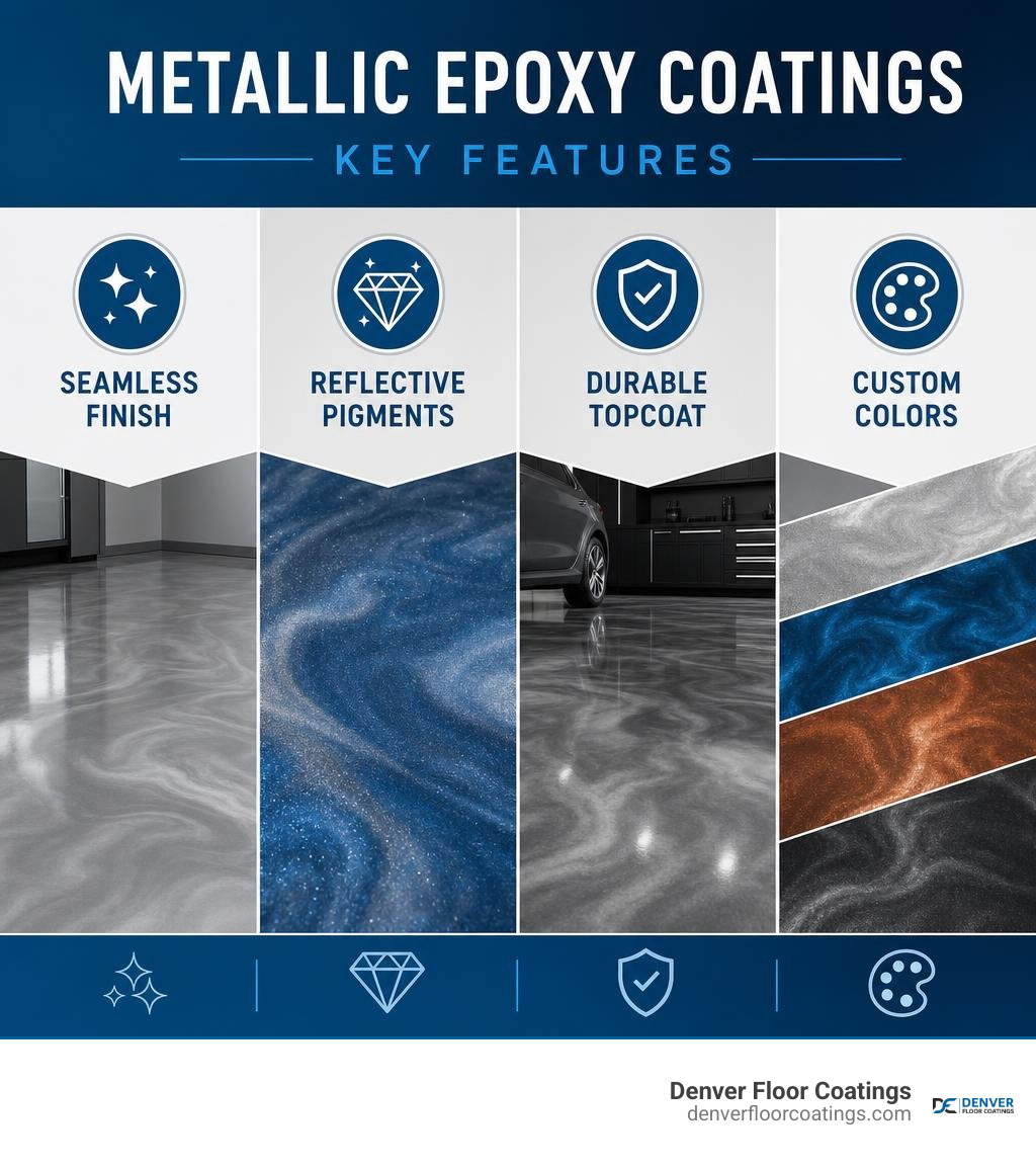Metallic epoxy coating features: seamless finish, reflective pigments, durable topcoat, custom colors infographic