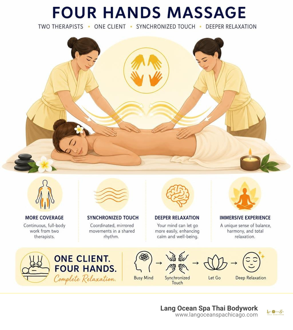 Four hands massage: two therapists, one client, synchronized touch, deeper relaxation infographic Four hands massage: two therapists, one client, synchronized touch, deeper relaxation infographic