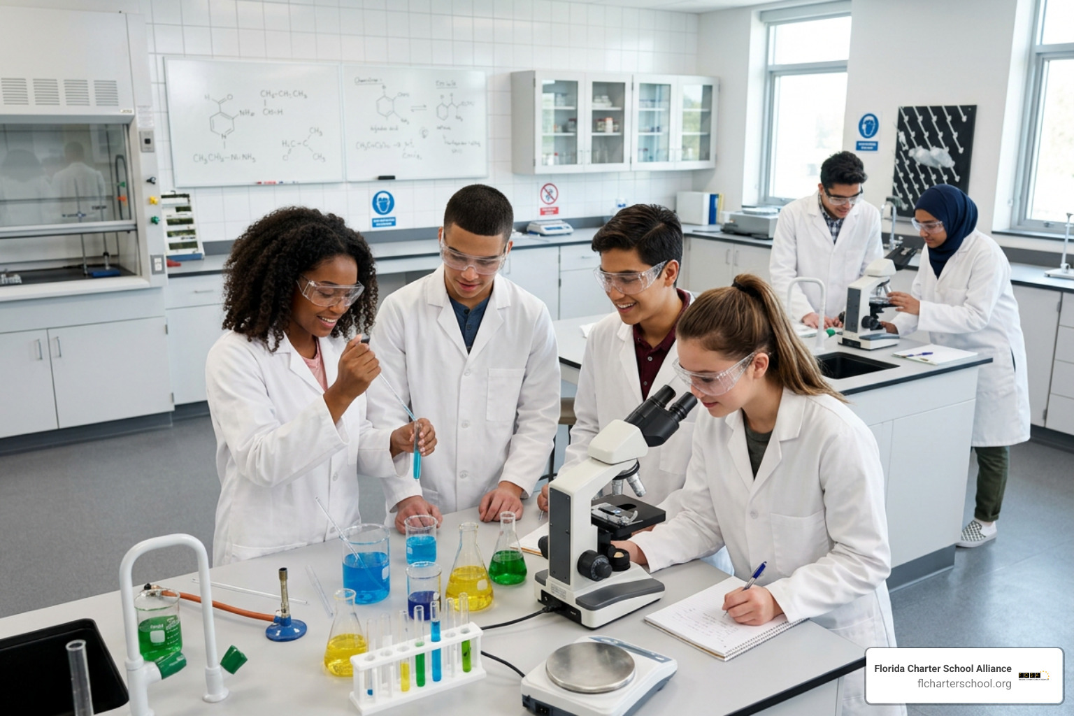 high school students in a modern science laboratory high school students in a modern science laboratory