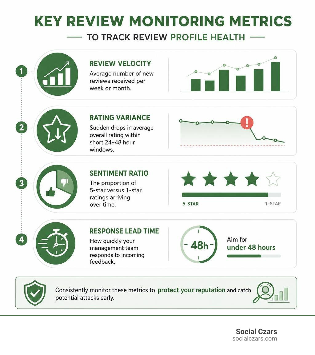 Key review monitoring metrics to track review profile health infographic