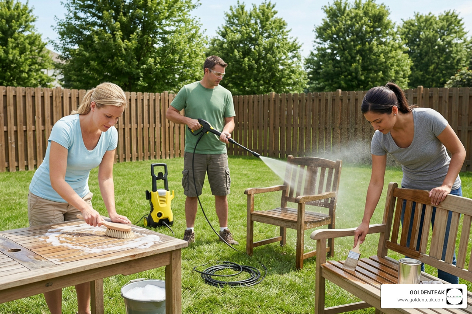 Caring for teak outdoor furniture showing cleaning, light pressure washing, and sealing Caring for teak outdoor furniture showing cleaning, light pressure washing, and sealing