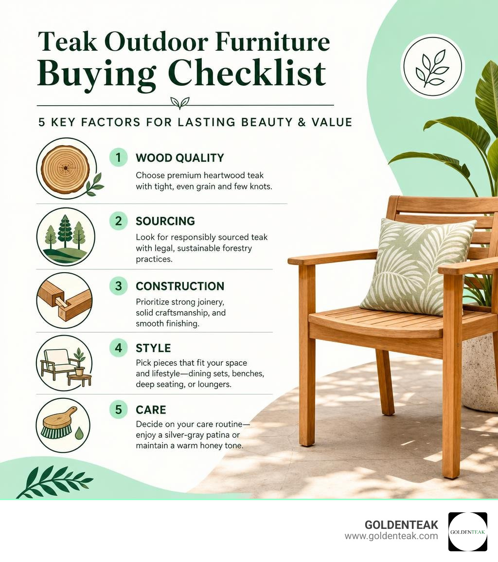 Teak outdoor furniture buying checklist: wood quality, sourcing, construction, style, care infographic Teak outdoor furniture buying checklist: wood quality, sourcing, construction, style, care infographic
