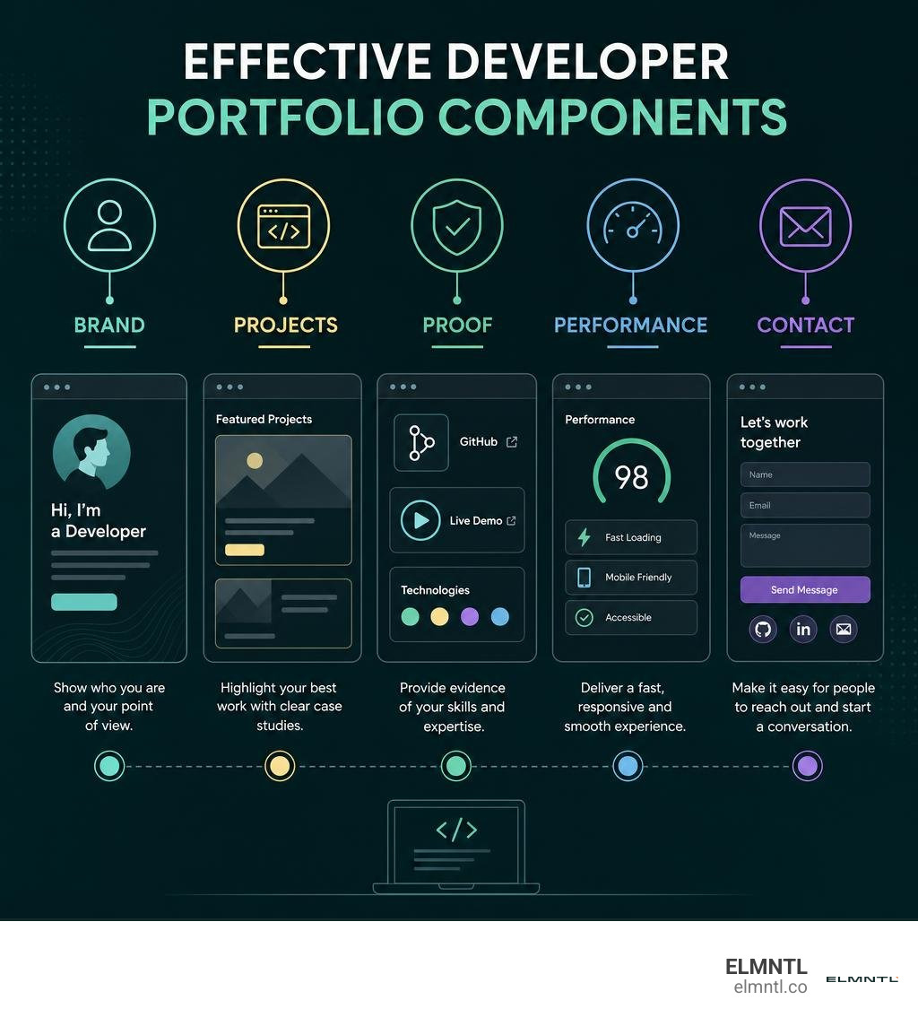 Effective developer portfolio components: brand, projects, proof, performance, contact infographic