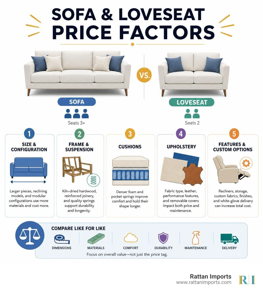 Sofa and loveseat price factors: size, frame, cushions, upholstery, and features infographic
