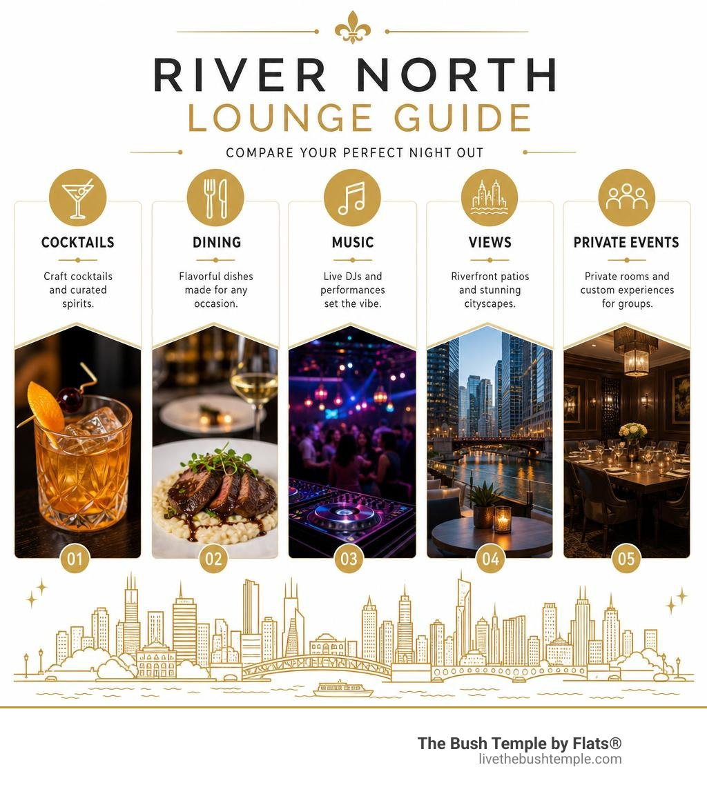 River North lounge guide comparing cocktails dining music views and private events infographic River North lounge guide comparing cocktails dining music views and private events infographic