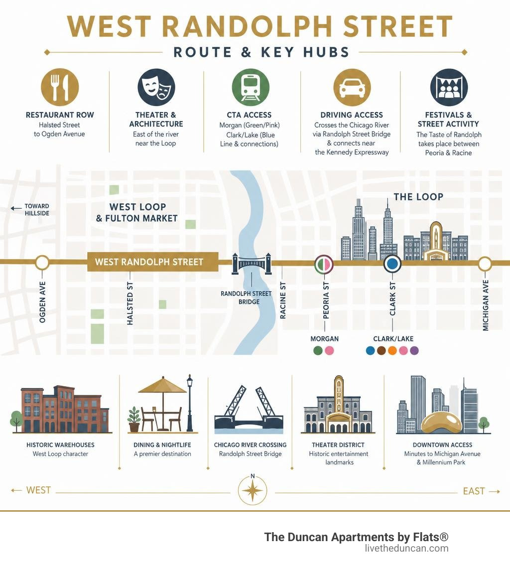 West Randolph Street route and key hubs infographic West Randolph Street route and key hubs infographic