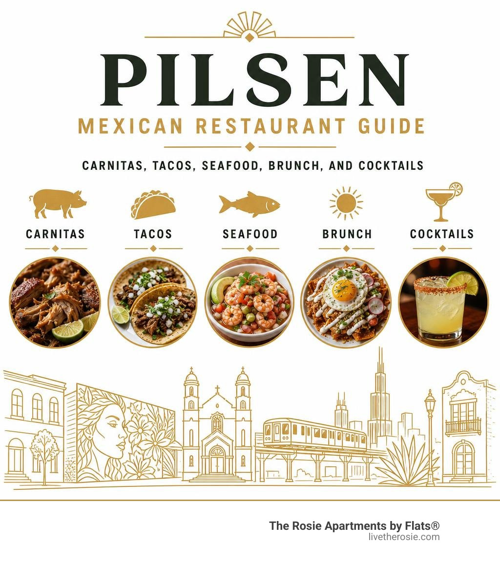 Pilsen Mexican restaurant guide: carnitas, tacos, seafood, brunch, and cocktails infographic