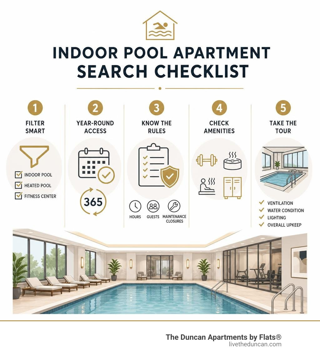Indoor pool apartment search checklist: filters, year-round access, rules, amenities, and tour infographic Indoor pool apartment search checklist: filters, year-round access, rules, amenities, and tour infographic