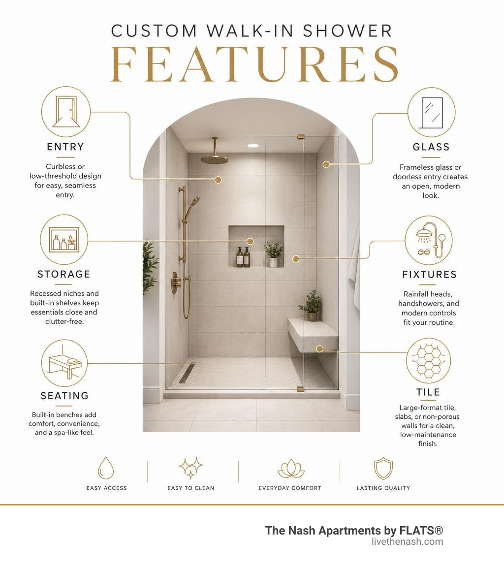 Custom walk-in shower features: entry, glass, storage, seating, fixtures, and tile infographic