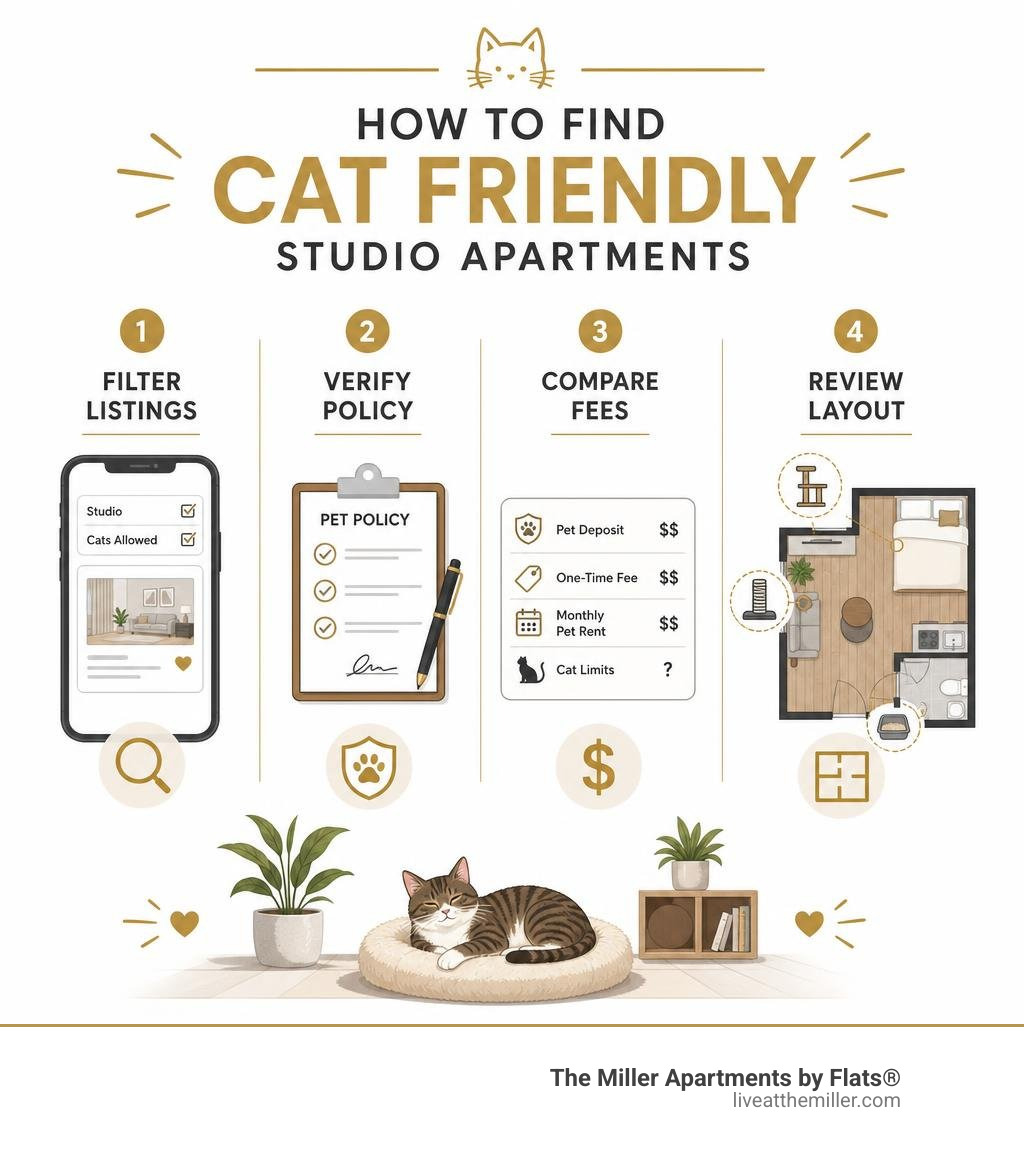 How to find cat friendly studio apartments: filter, verify policy, compare fees, review layout infographic How to find cat friendly studio apartments: filter, verify policy, compare fees, review layout infographic