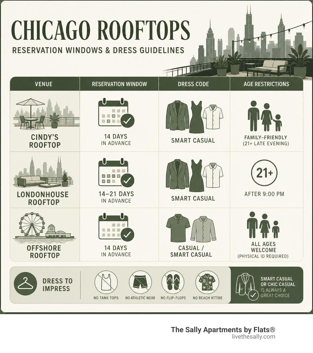 Comparison of Chicago rooftop reservation windows and dress guidelines infographic