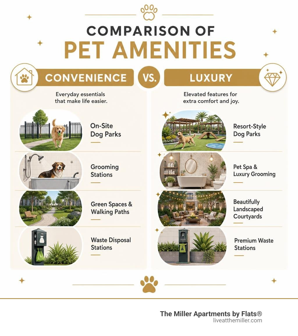 Comparison of convenience and luxury pet amenities infographic Comparison of convenience and luxury pet amenities infographic