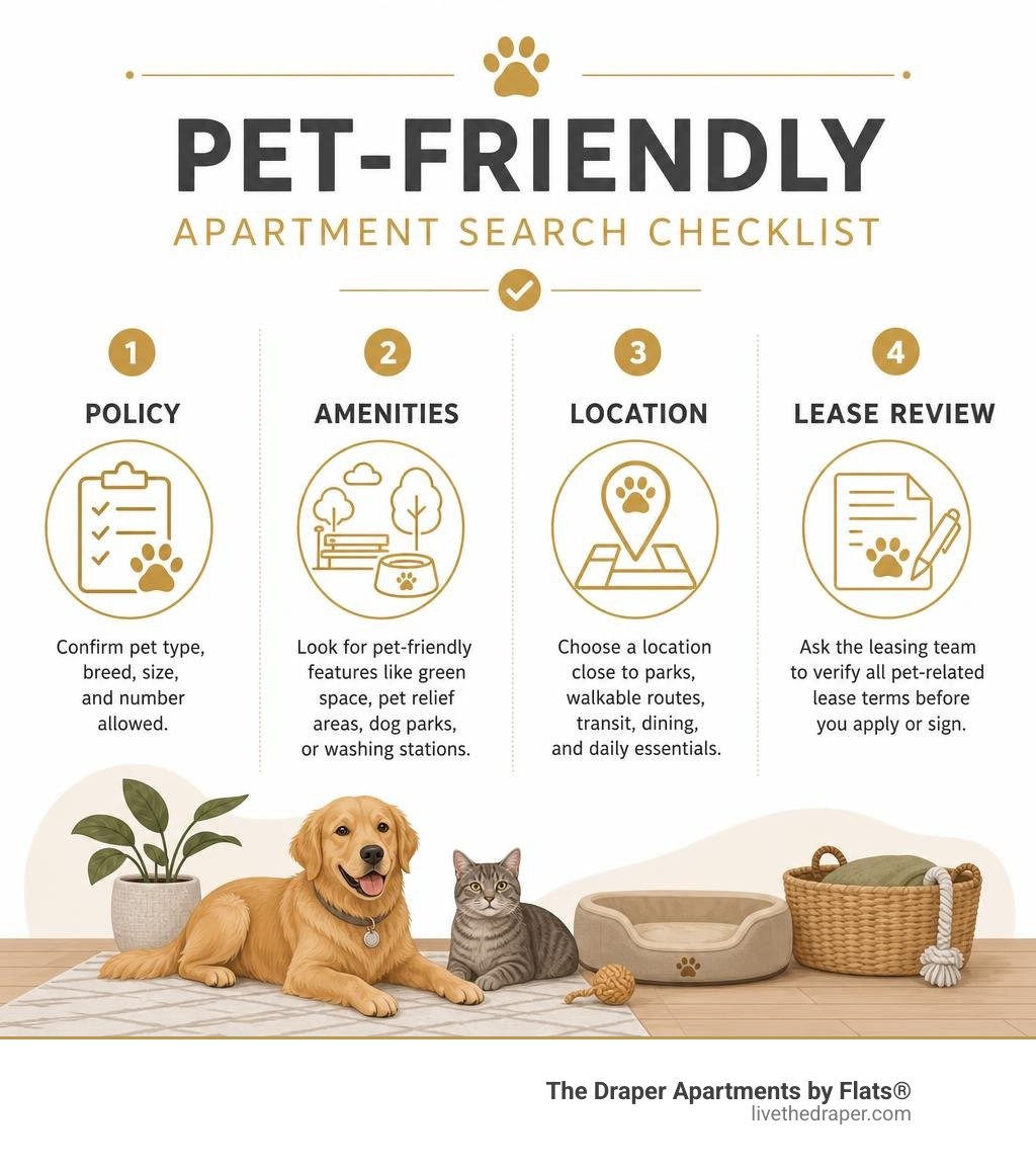 Pet-friendly apartment search checklist with policy, amenities, location, and lease review infographic Pet-friendly apartment search checklist with policy, amenities, location, and lease review infographic