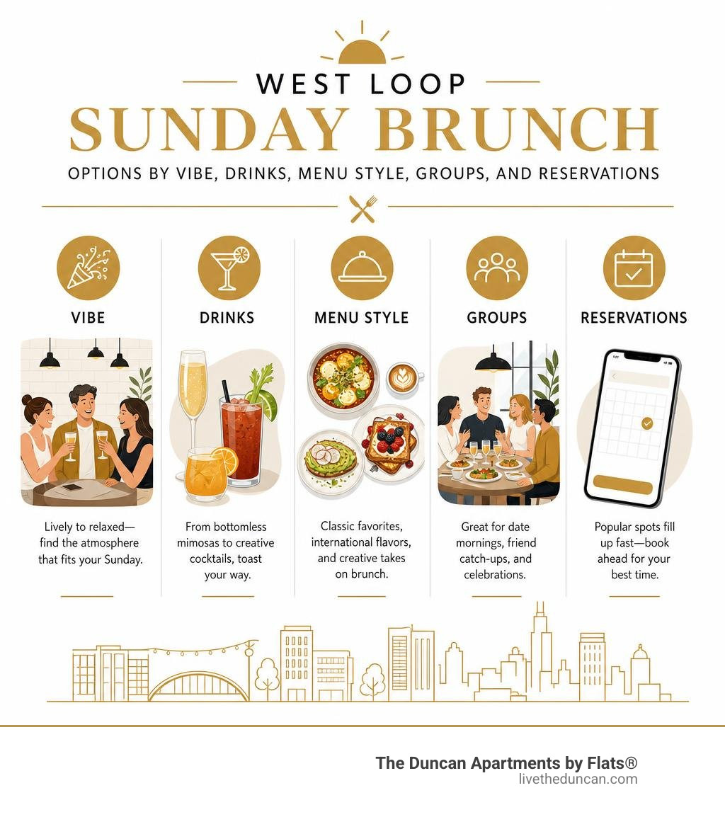 West Loop Sunday brunch options by vibe, drinks, menu style, groups, and reservations infographic West Loop Sunday brunch options by vibe, drinks, menu style, groups, and reservations infographic