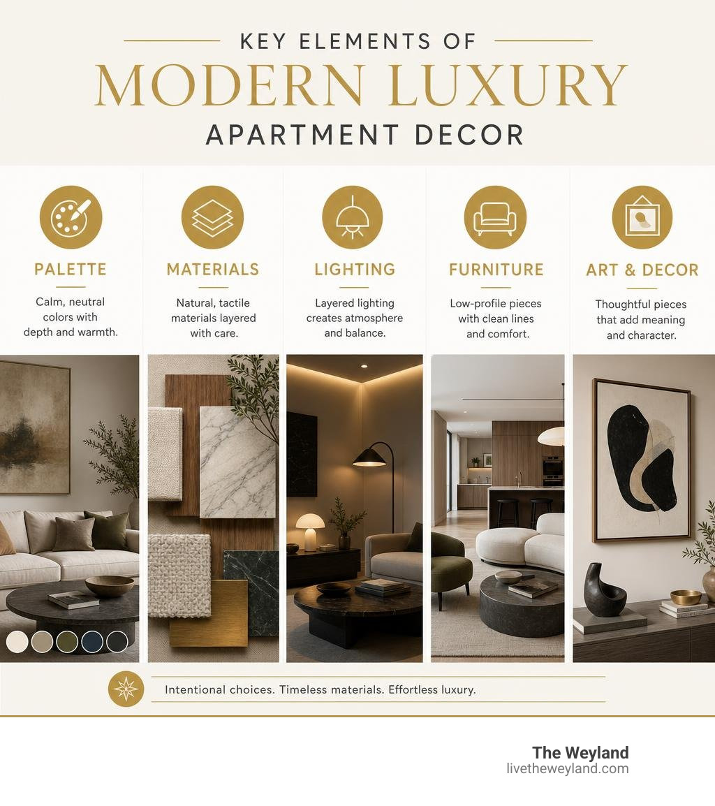 Key elements of modern luxury apartment decor: palette, materials, lighting, furniture, and art infographic
