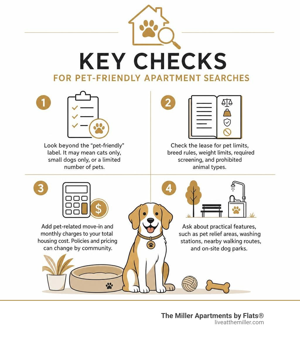 Key checks for pet-friendly apartment searches infographic