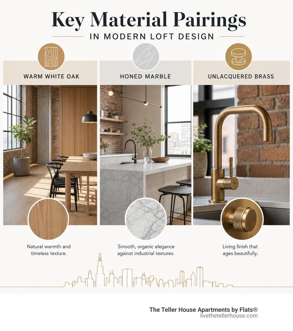 Key material pairings in modern loft design infographic