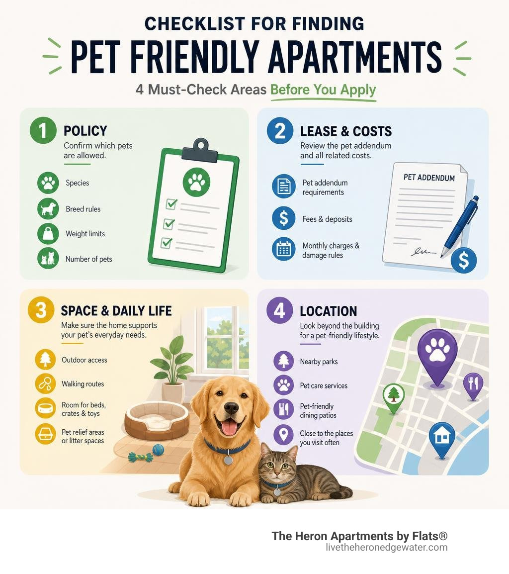 Checklist for finding pet friendly apartments: policy, lease terms, space, and location infographic Checklist for finding pet friendly apartments: policy, lease terms, space, and location infographic