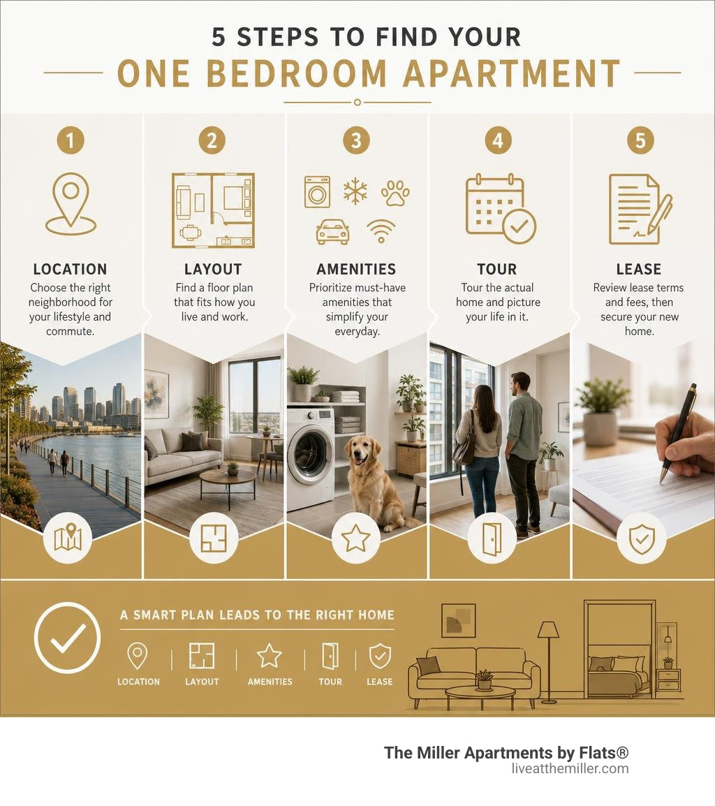 Infographic showing location, layout, amenities, tour, and lease steps infographic