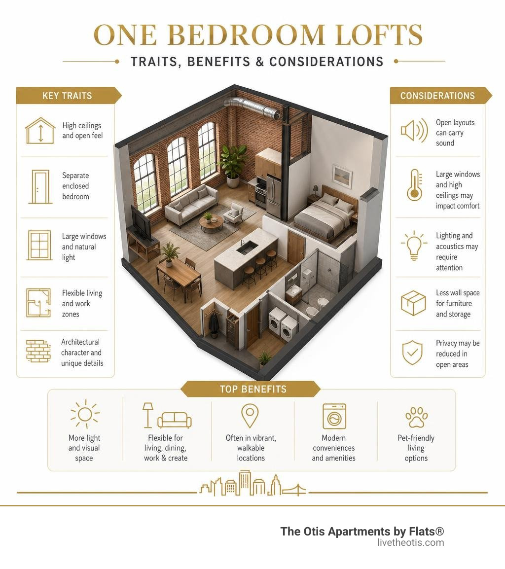 Infographic comparing one bedroom loft traits, benefits, and considerations infographic
